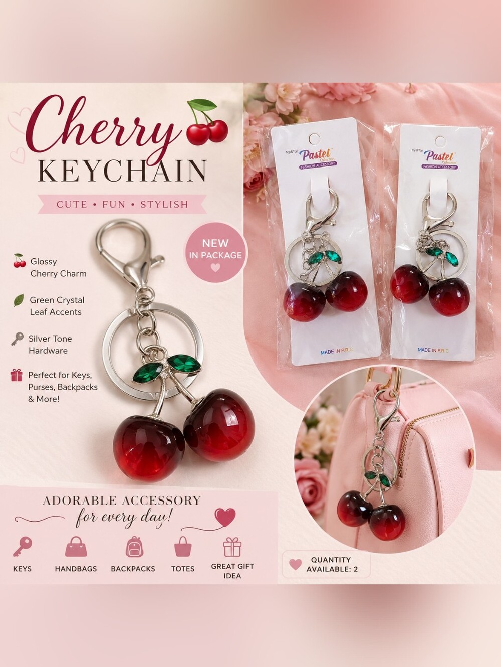 🍒 Cherry Keychain Purse Charm – Silver Tone | Cute Fruit Bag Charm |